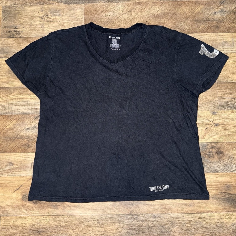 True Religion T-Shirt Mens Large Black Silver Horseshoe Logo Short Sleeve